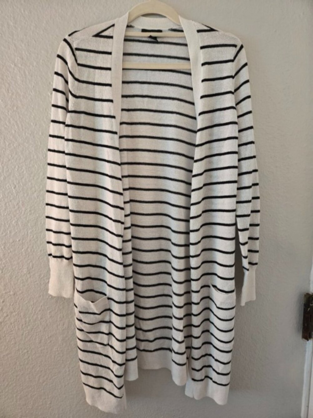 Halogen Linen Striped Longline Cardigan Sweater Womens XS Black White Pockets